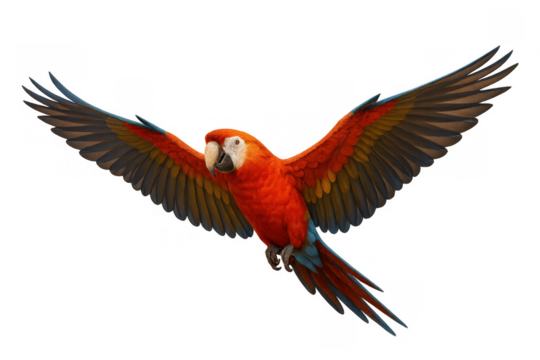 Scarlet macaw bird flying with wings spread, vibrant tropical parrot in motion, creating dynamic wildlife scene