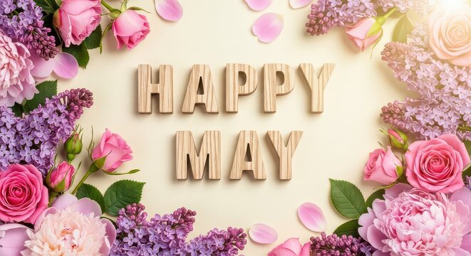 Happy may wooden letters surrounded by pink and purple spring flowers