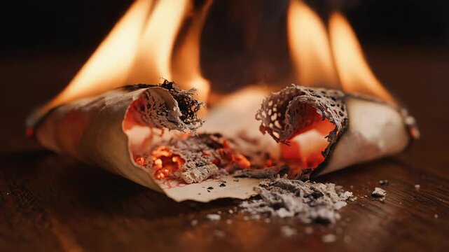 Burning Love Letter: Flames Consuming a Romantic Message on a Wooden Surface, Symbolic Burning