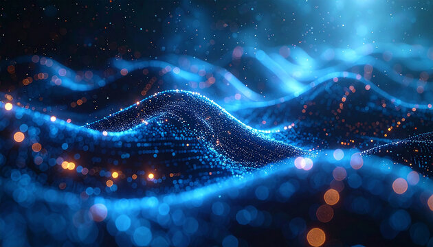 Digital data waves: Capturing the essence of digital transformation, an ethereal display of data waves pulsates with vibrant blue, with particles adding depth, all set against a dark backdrop. - Powered by Adobe