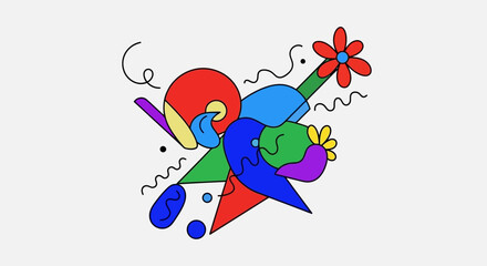 Abstract Composition with Colorful Geometric Shapes, Lines, and Floral Elements on White