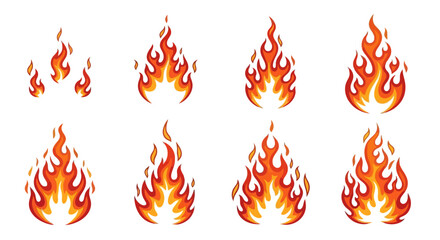 Set of cartoon fire flame icons. Various bonfire orange fire sparks. Illustration of bonfire with different shapes