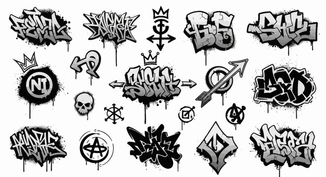 Collection of graffiti art, design elements, and street style typography with spray paint aesthetic