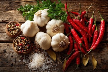 Arrangement of Fresh Garlic Red Chili Peppers and Spices on a Rustic Wooden Surface