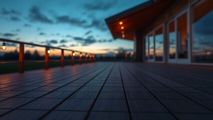 Wooden deck at twilight with warm ambient lighting, offering a peaceful and atmospheric outdoor setting.
