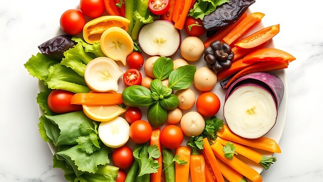 Circular arrangement of fresh vegetables on white marble, highlighting vibrant colors and healthy eating.