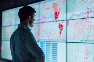 Man monitoring global data on large screen display