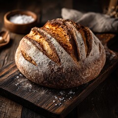 Artisan Bread Loaf On Dark Wooden Cutting Board With Salt And Linen Cloth