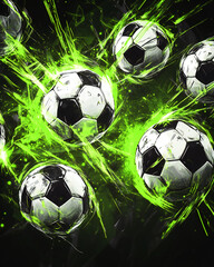 Dynamic depiction of multiple soccer balls surrounded by intense green energy beams