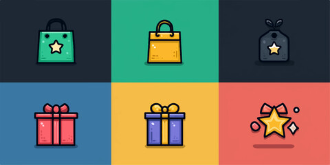 Collection of six colorful flat design icons representing shopping bags and gift boxes with stars
