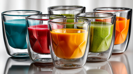 A collection of double-wall borosilicate glass cups in various colors. Each cup displays a floating drink, showcasing a clean and minimal design.