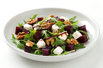 Fresh beet and goat cheese salad with walnuts and arugula