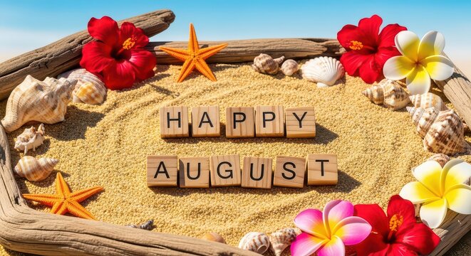 Happy august message with tropical flowers and seashells on sand
