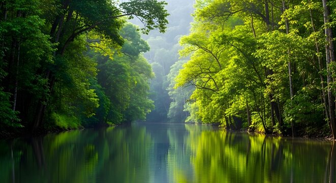 Tranquil River Flowing Through Lush Green Forest With Reflections in Water