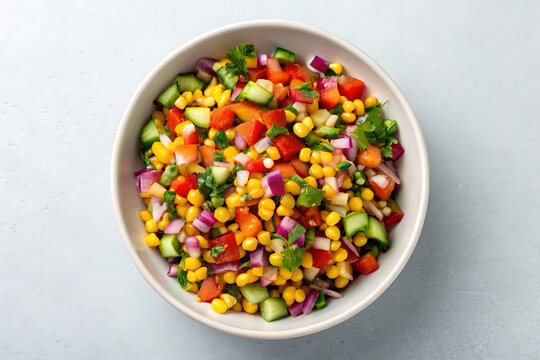 Fresh and colorful corn salad with tomatoes and cucumbers