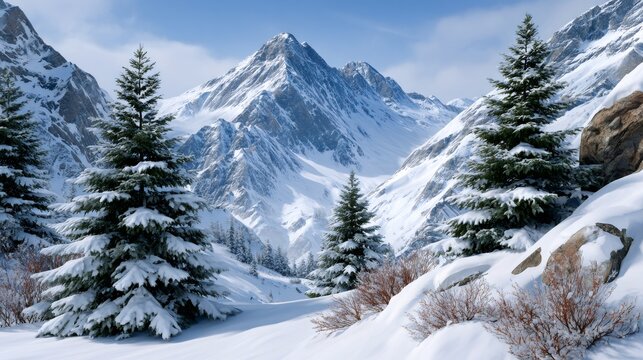 Snowy winter mountain landscape with pine trees and blue sky