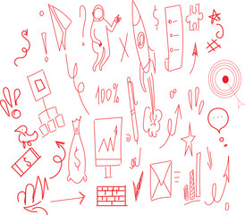 collection of hand-drawn doodle icons and symbols, typically used for visual communication and design projects. 