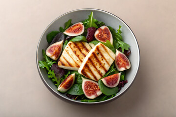 Grilled halloumi cheese salad with fresh figs and mixed greens