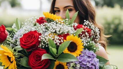 A woman holds a vibrant bouquet of mixed flowers in front of her face. A romantic gift with red roses and yellow sunflowers for an anniversary or celebration