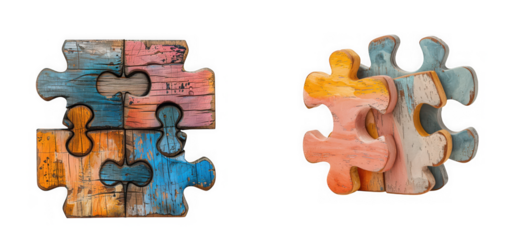 Two sets of colorful, rustic wooden puzzle pieces, one set partially assembled, isolated on transparent background