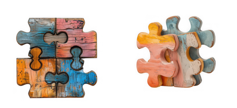 Two sets of colorful, rustic wooden puzzle pieces, one set partially assembled, isolated on transparent background