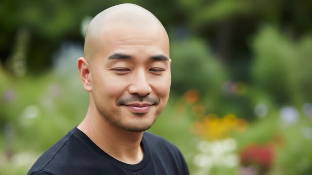 Close-up portrait of a handsome bald Asian man smiling. Headshot of a confident person outdoors with a blurred nature background. Modern masculinity concept
