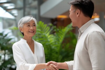 Elderly asian businesswoman greeting colleague in modern office setting