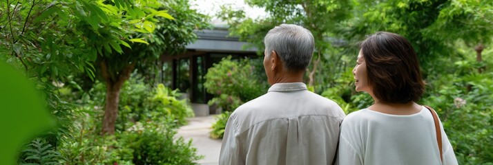 Mature asian couple enjoying a tranquil garden walk on a sunny day