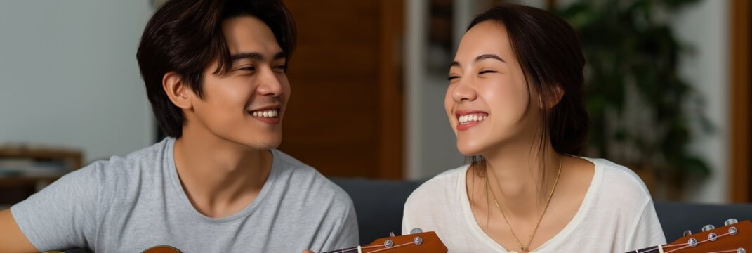 Young asian couple enjoying guitar music together at home
