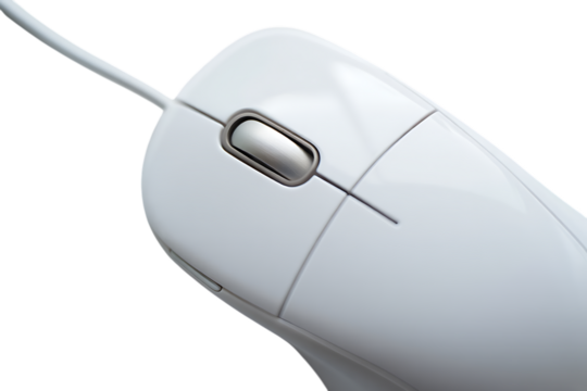 Closeup of a white computer mouse isolated on transparent background