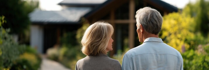 Mature caucasian couple walking in scenic garden pathway