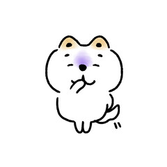 手で口元を隠して笑う白い柴犬（怪しげ）