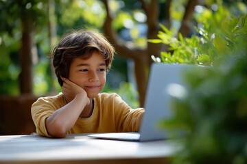 Young caucasian boy using laptop outdoors smiling amidst greenery