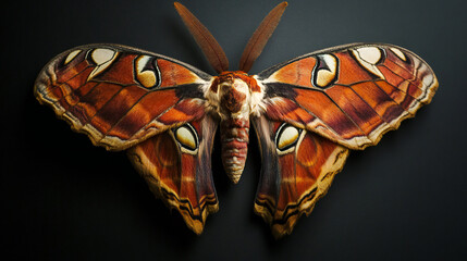 Detailed close up of a striking atlas moth on a dark background showcasing intricate wing patterns