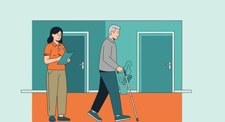 A Caregiver Assists A Senior Citizen Walking With A Cane Within A Healthcare Center
