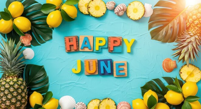 Happy june text surrounded by tropical fruits and leaves