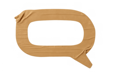 Taped speech bubble shape forming a blank brown communication symbol, featuring a crumpled texture on a transparent background
