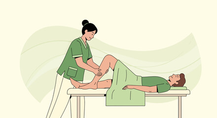 Therapist Giving Leg Massage With Patient Relaxing on a Treatment Table Illustration