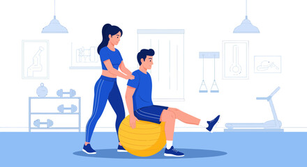 Woman Assisting Man With Core Exercise On Stability Ball For Workout Session