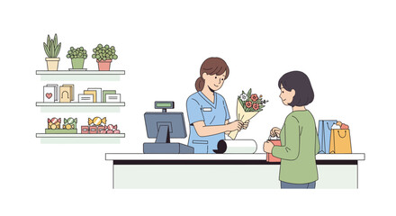 Woman Buying Flowers At Florist Store With Plants And Sweets Illustration