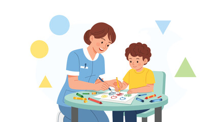 A Nurse Guides A Young Child In Creative Painting At A Table Top To Express Feelings