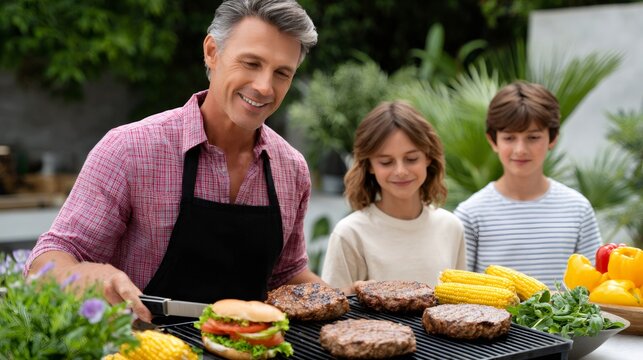 Father and children grilling burgers and corn outdoors
