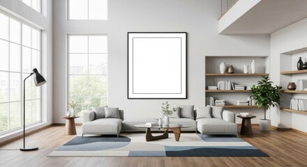 Fototapeta premium Modern minimalist living room with large windows, cozy sofa setup and stylish decor