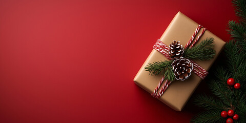 Merry Christmas and Happy Holidays greeting card, frame, banner. New Year. Red Christmas decorations, gift box, present on red background top view. Winter xmas festive celebration theme.