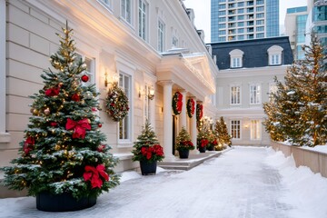 Decorated mansion entrance with Christmas trees covered in snow