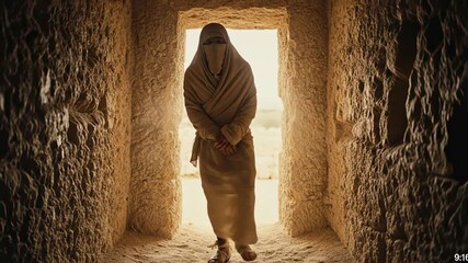 A mysterious robed figure walks through an ancient stone doorway. A spiritual character emerges from the light in a desert temple. Fantasy and religion concept - Powered by Adobe