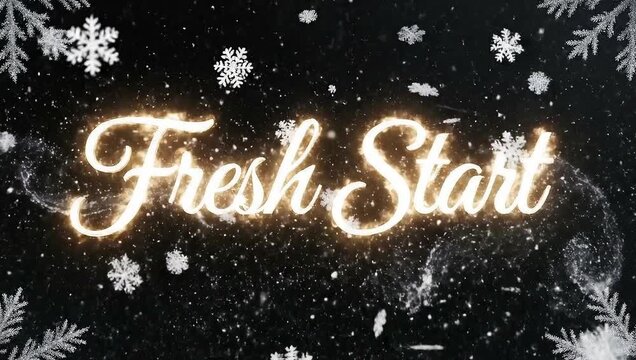 Fresh Start text with snowflakes on black background, new year concept.