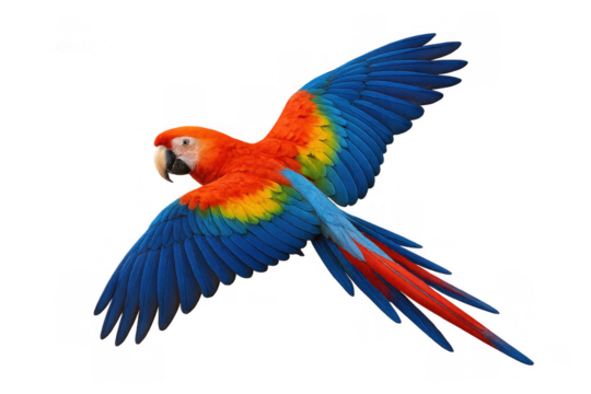 Scarlet macaw parrot flying with colorful wings, vibrant tropical bird in motion on transparent background