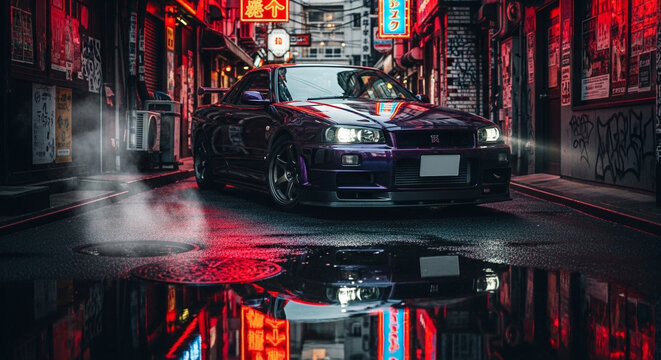  Hyper Realistic Japanese Tuner Car Nissan Skyline GTR R34 Parked in a Rainy Neon Lit Alley of Tokyo at Night 4K Wallpaper