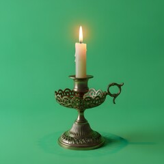 A single lit candle placed on an ornate metal holder against a vibrant green background creating a warm and calming atmosphere